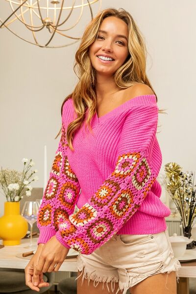 V-Neck Crochet Long Sleeve Sweater