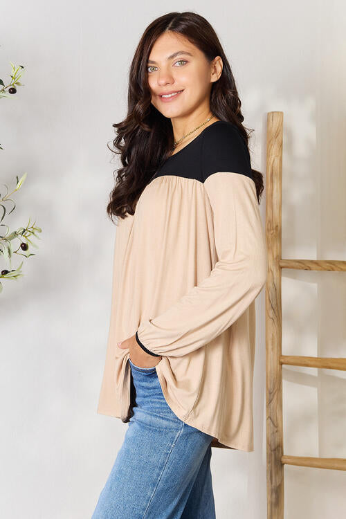 Contrast Long Sleeve Ruched Blouse
