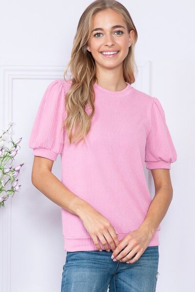 Ribbed Round Neck Short Sleeve Top