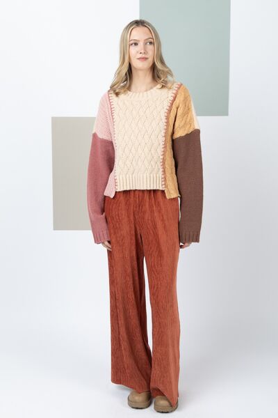 Color Block Cable Knit Long Sleeve Sweater