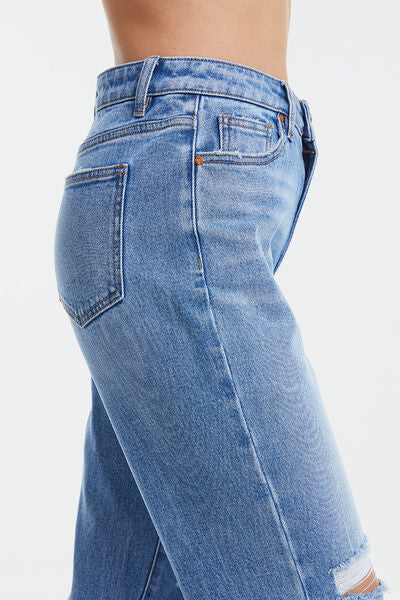 High Waist Distressed Cat's Whiskers Washed Straight Jeans