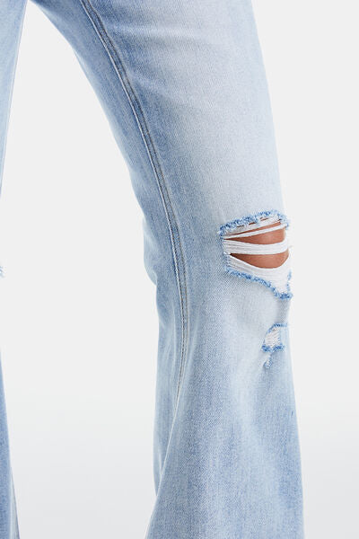 Distressed Raw Hem High Waist Flare Jeans
