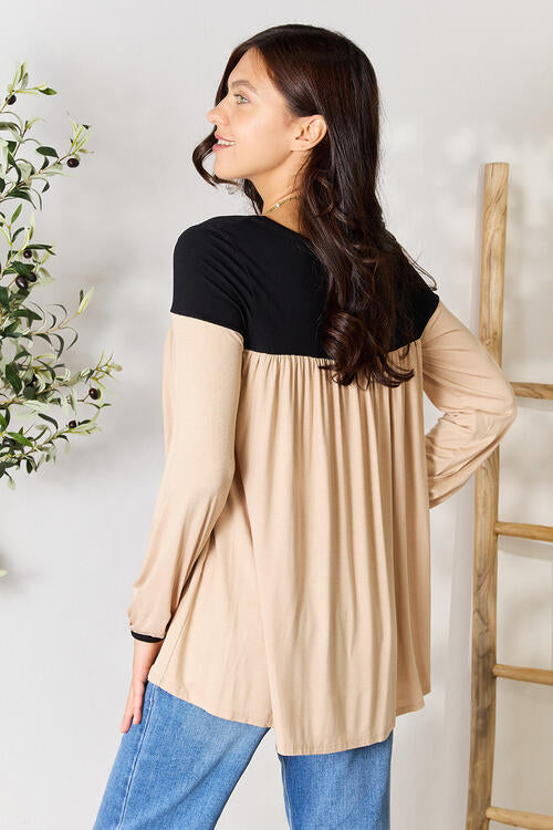Contrast Long Sleeve Ruched Blouse