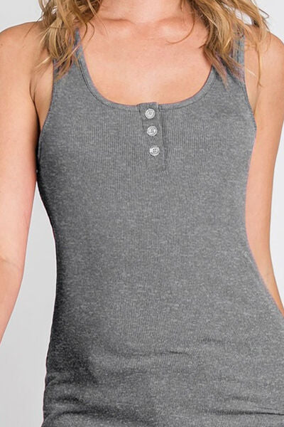 Front Button Ribbed Round Neck Tank